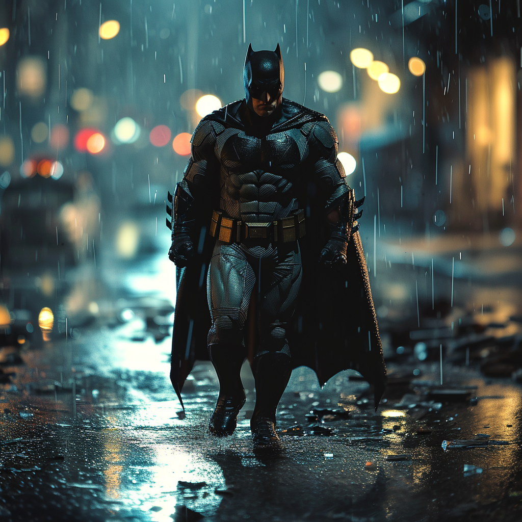 Batman walking through the rain with determination