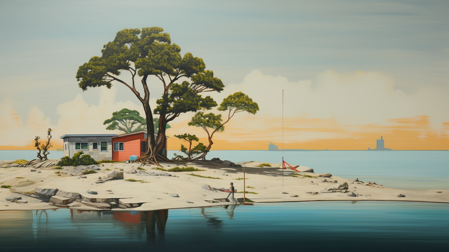 Beautiful beach island painting with trees and garage