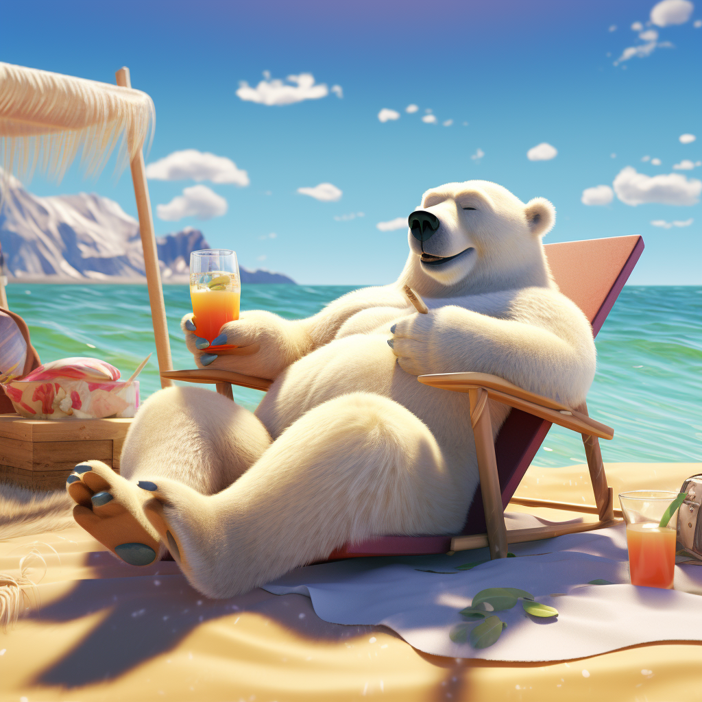 Cartoon polar bear enjoying a beach cocktail