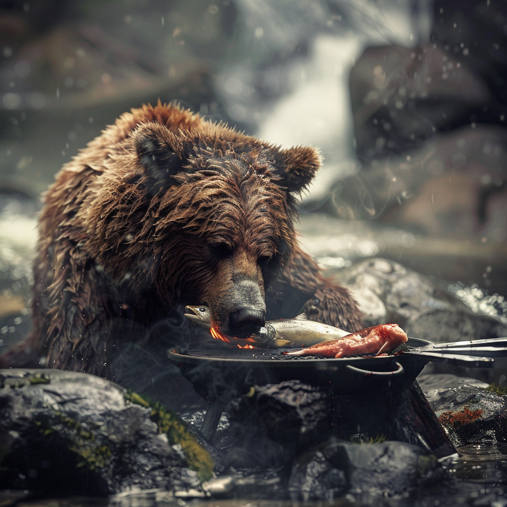 Bear enjoys fresh fish by stream