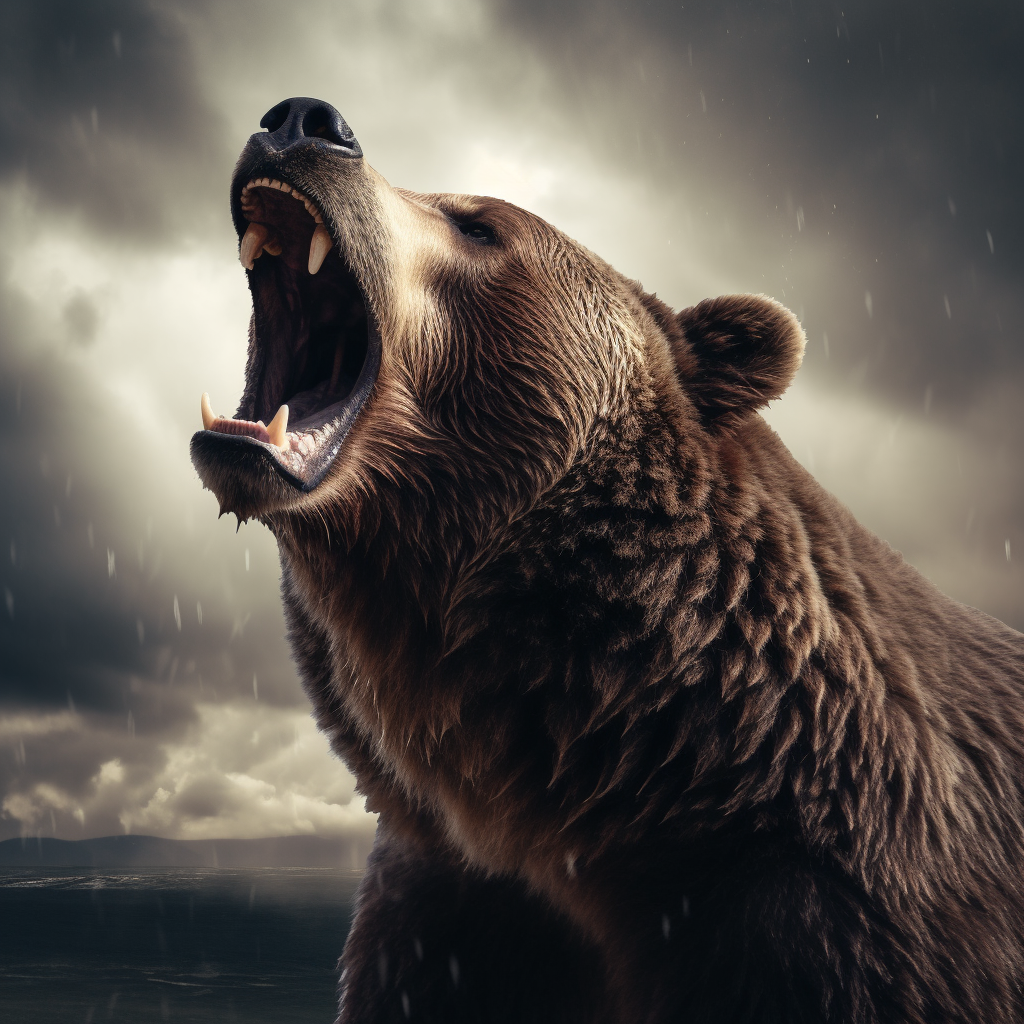 Powerful bear roaring at the sky