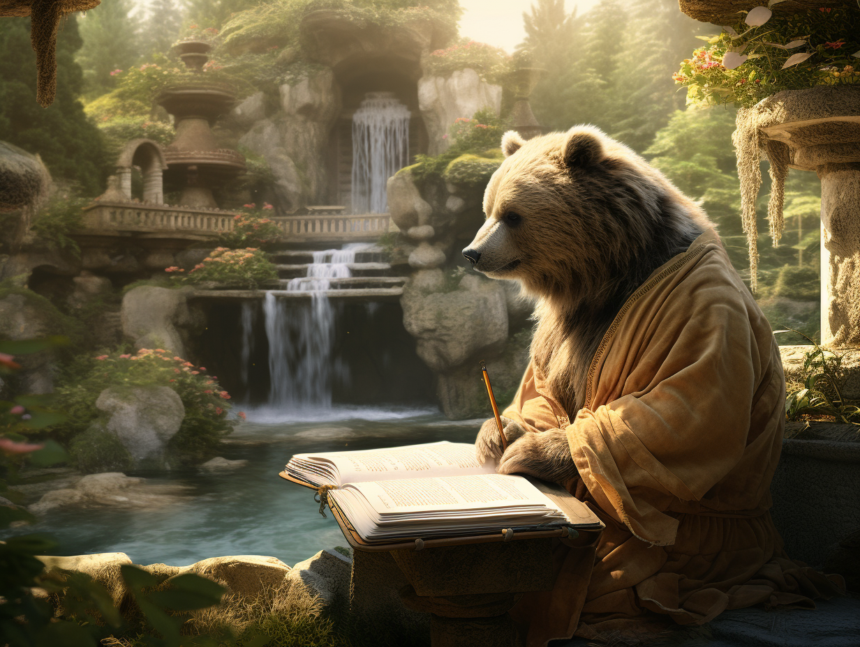 Bear writing in journal in peaceful garden