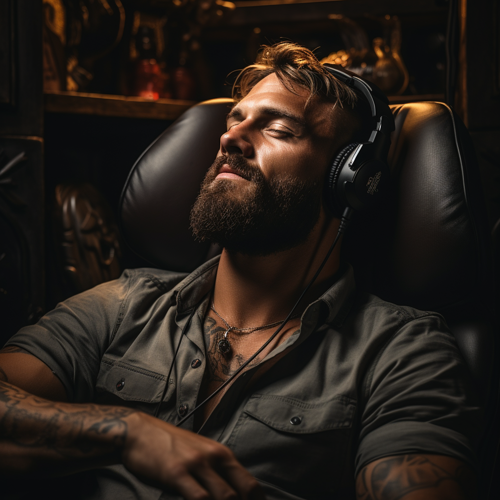 Bearded man enjoying music with headphones