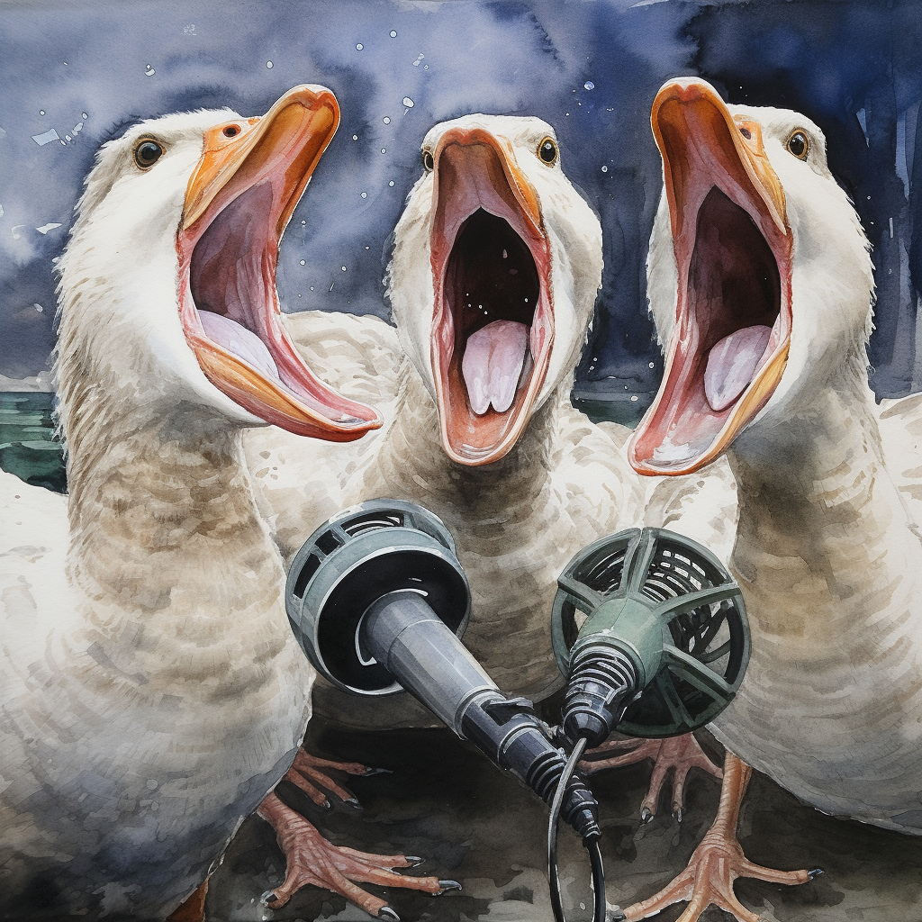 Three geese expressing pain through microphones