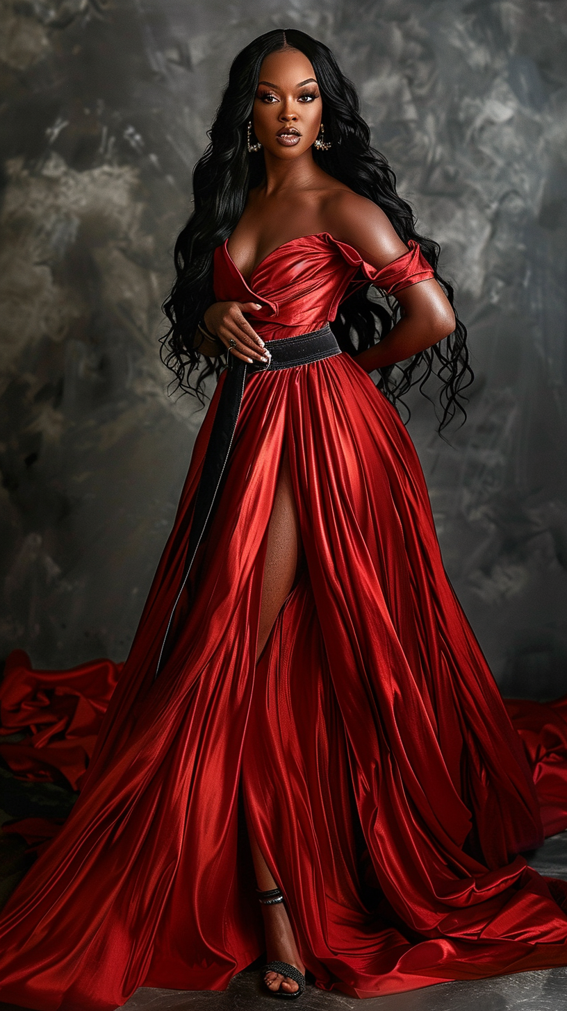 African American woman in red dress