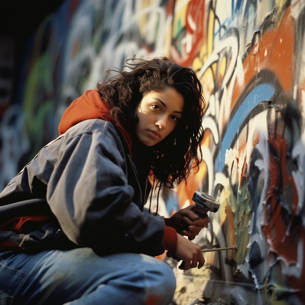 Nostalgic black hair artist painting colorful mural