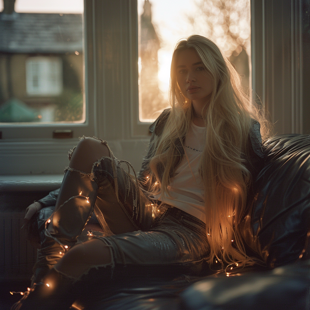 Beautiful blonde woman sitting on sofa at sunset