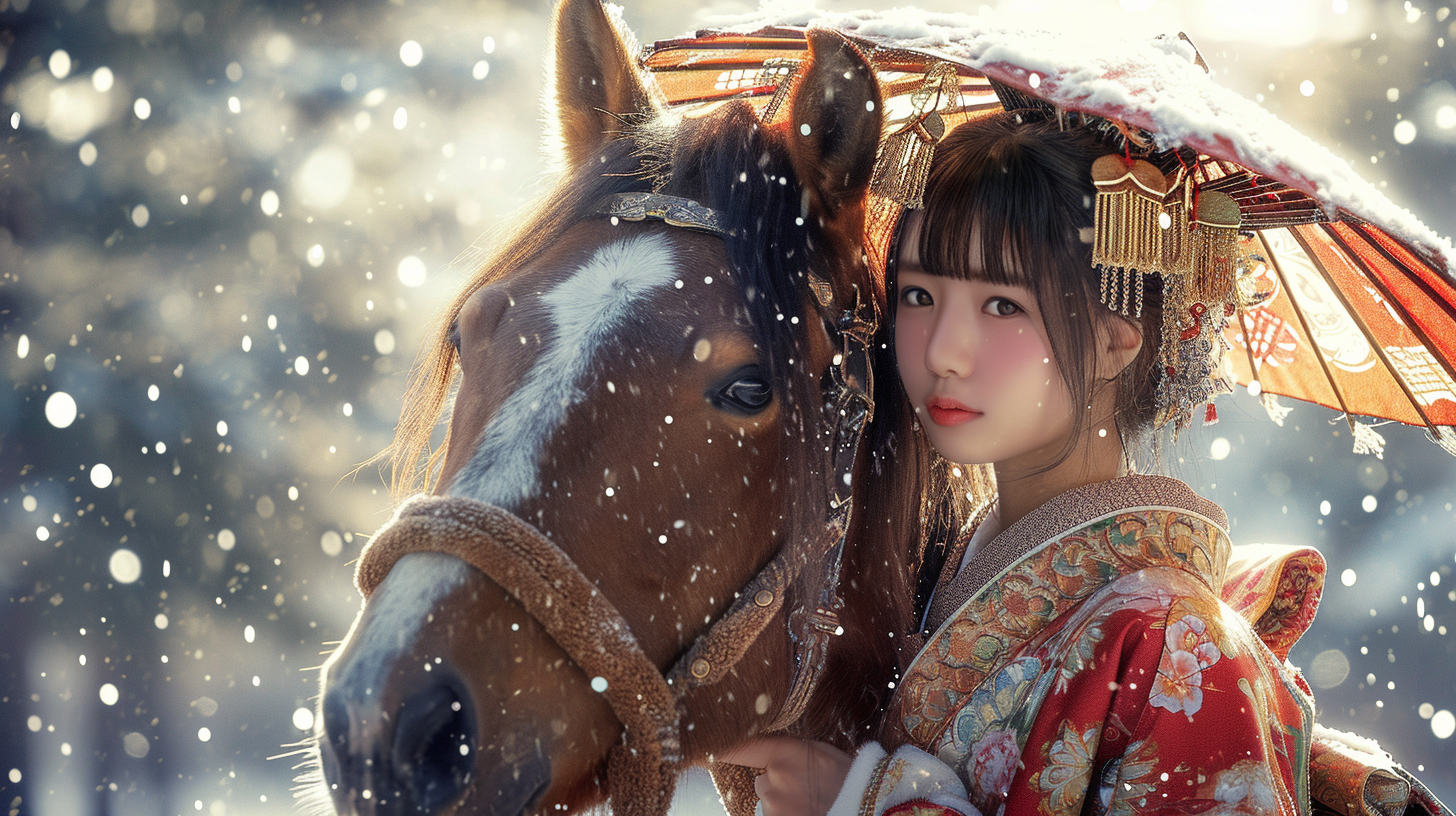 Horse Japanese Girl Folk Outfit