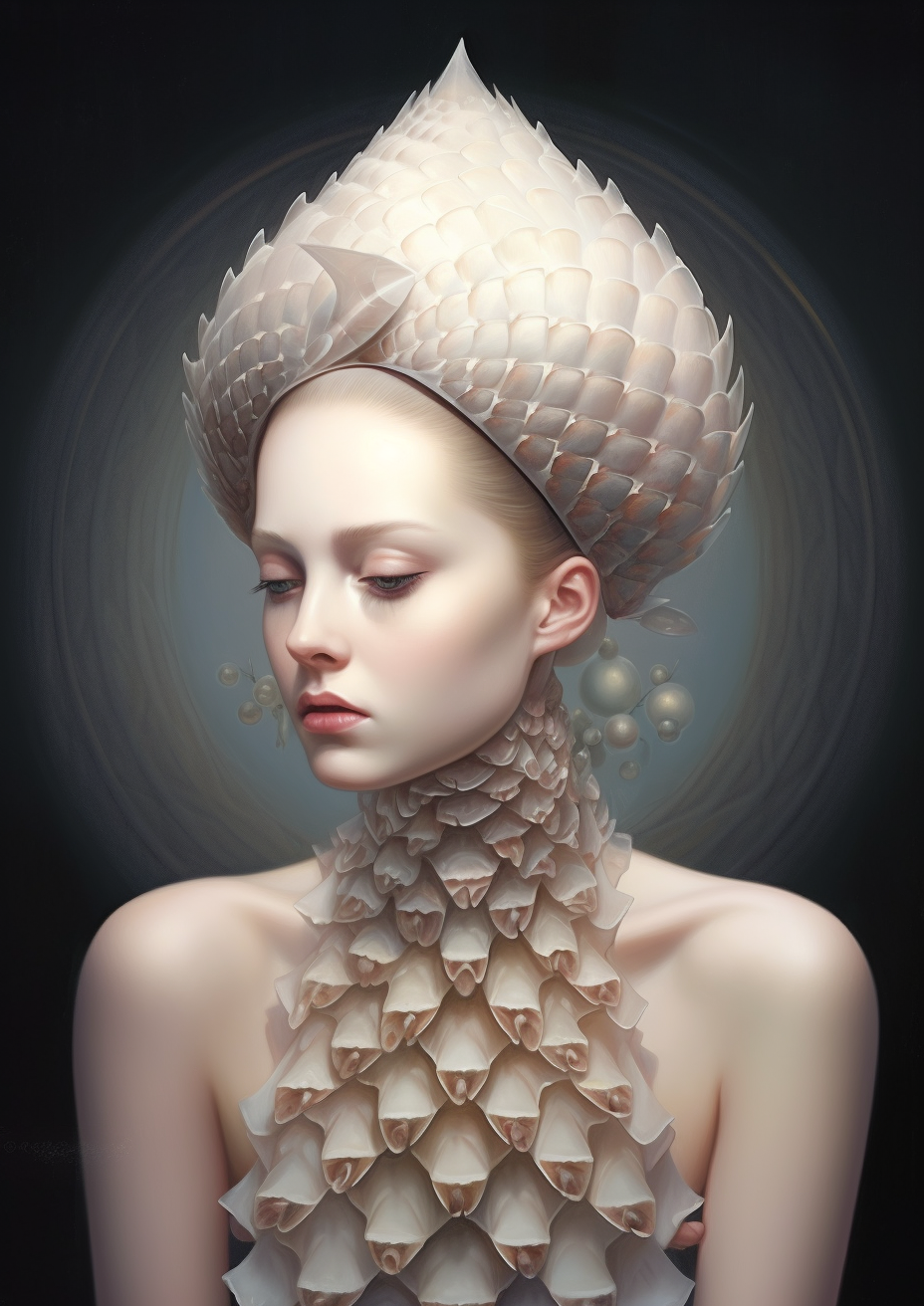 Beautiful lady with delicately colored porous fractal shell