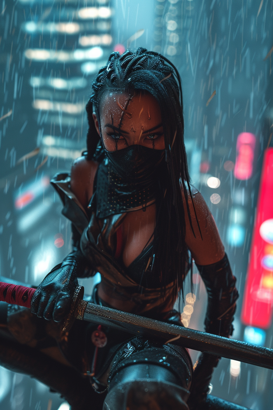 Beautiful ninja girl in cyber punk style