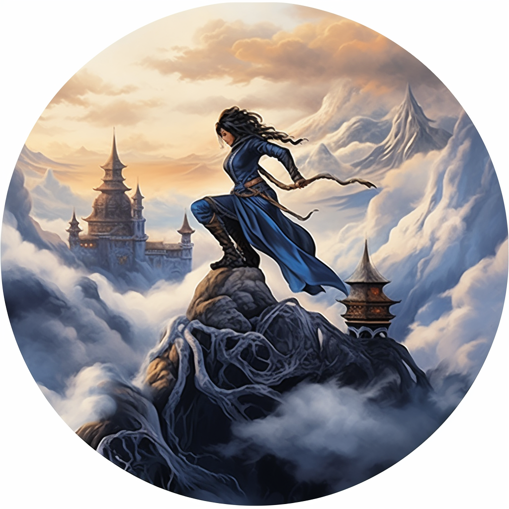 Young ninja woman spinning above castle in snowy mountains