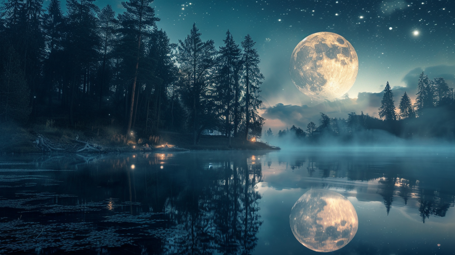 Moon over black forest and water