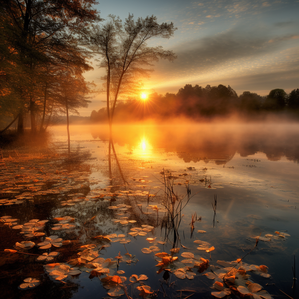 Scenic Sunrise with Fog and Fall Leaves