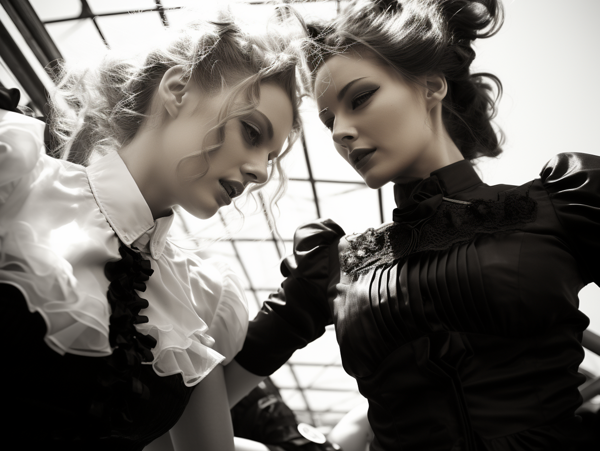 Swedish maids pulling hair in black and white