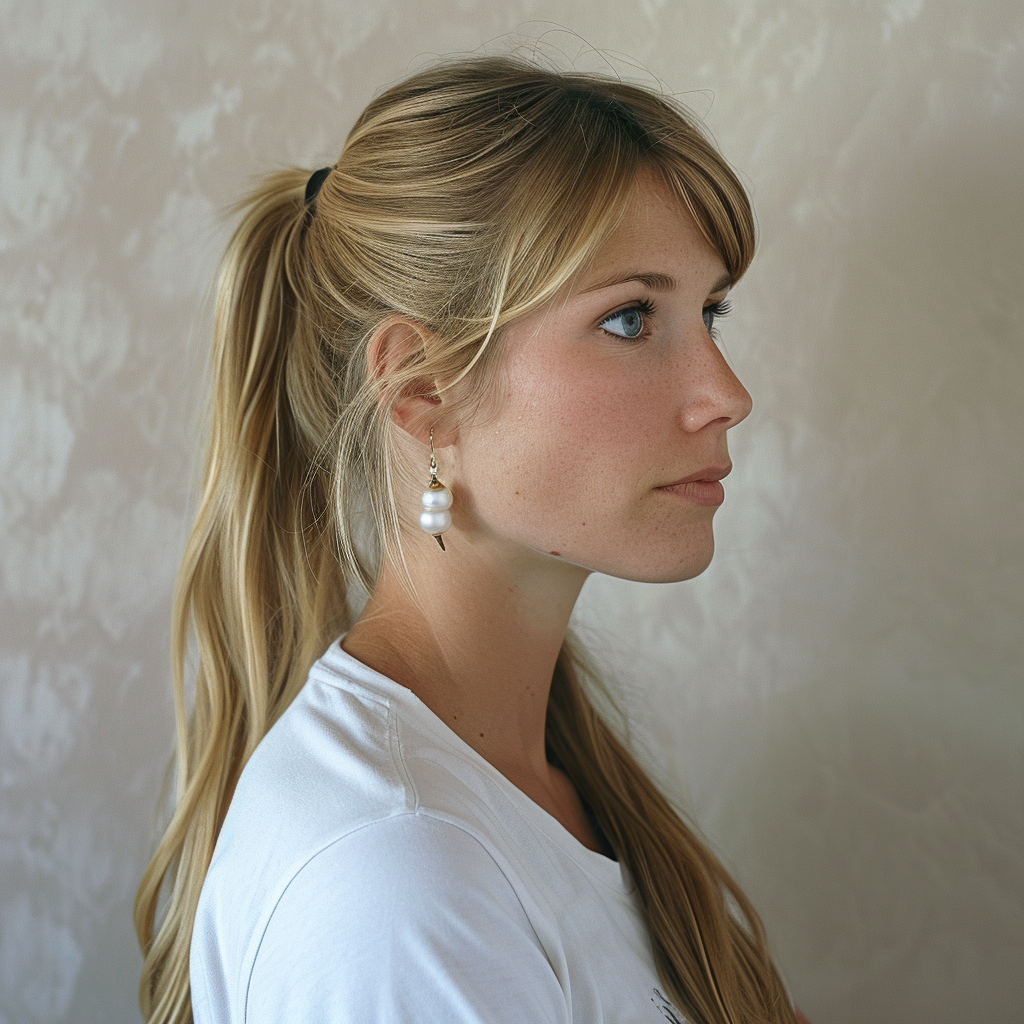 Beautiful woman with t-shirt and pearls