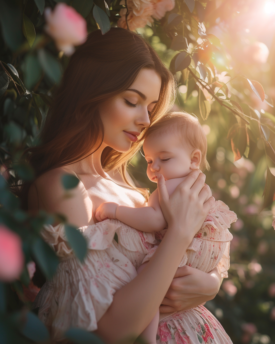 Joyful young mother and new baby in sunlight