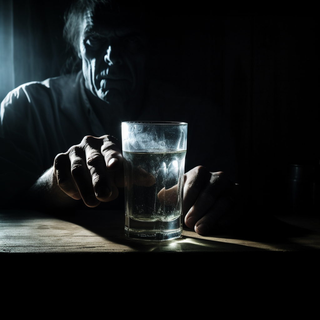 Empty glass with spooky hand shadow at night