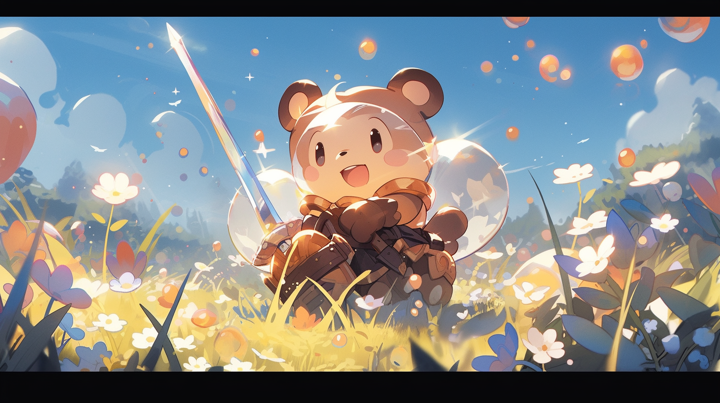 Honey bee holding a glowing sword and shield