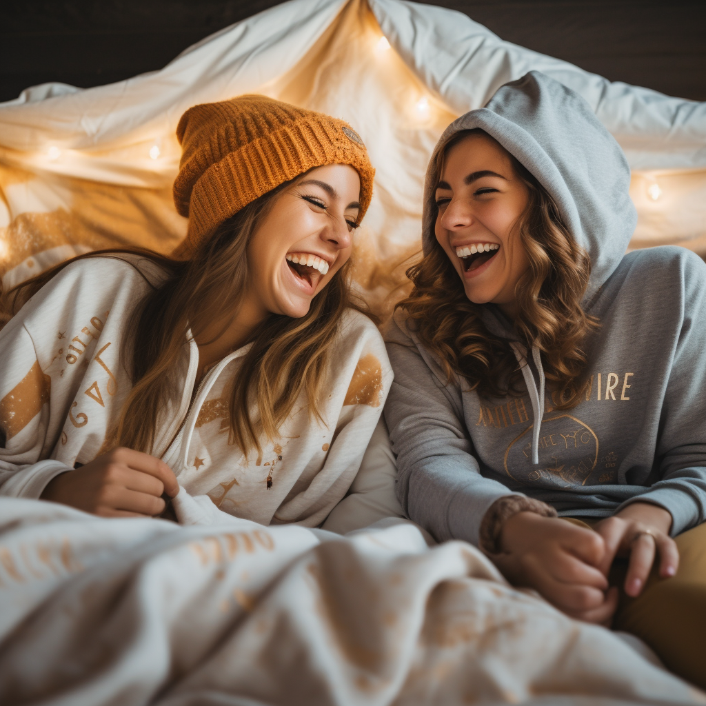 Two women laughing in beige blanket hoodie