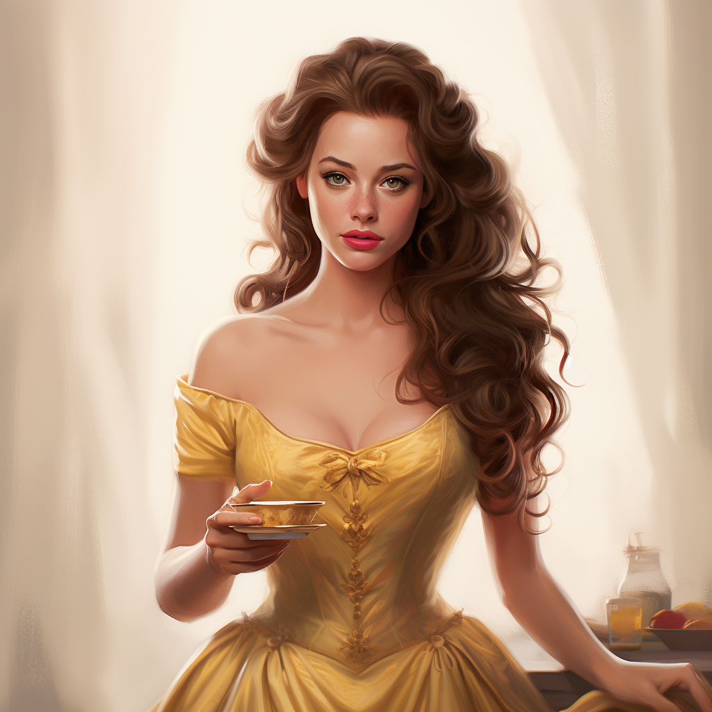 Belle holding a teacup