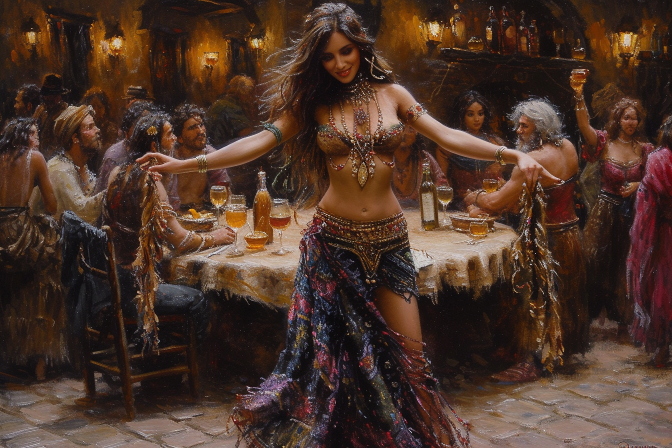 Dark Tanned Female Belly Dancer in Medieval Tavern