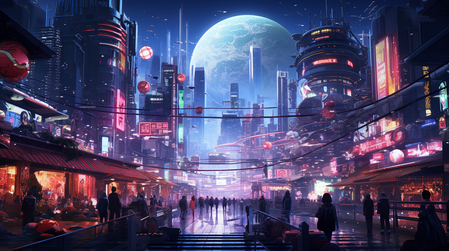 Neon-lit cyberpunk Berlin with anime characters