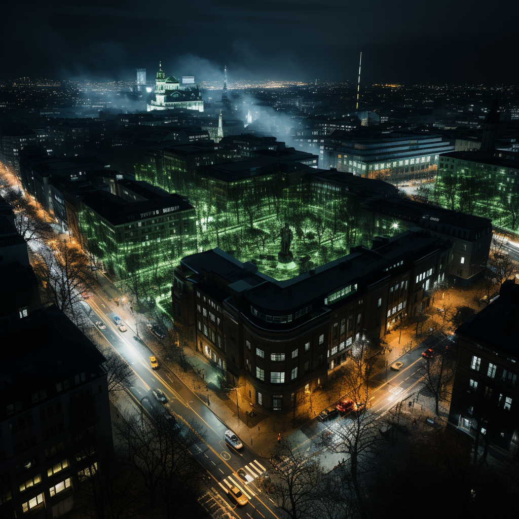 Night view of Berlin with green light shining in rooms