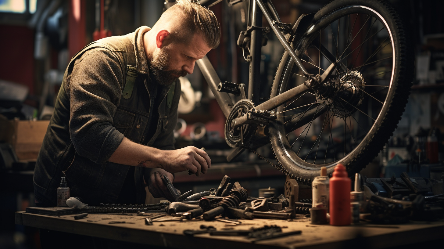 Bicycle mechanic repairing workshop scene