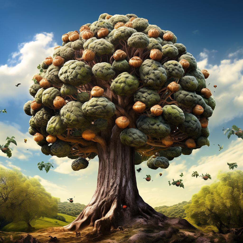 Photorealistic depiction of a big tree and muffins growing like fruit