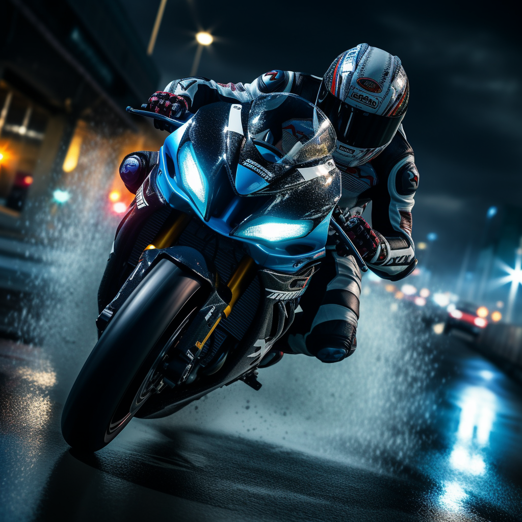 Cinematic bike racing in night rain with blue lighting