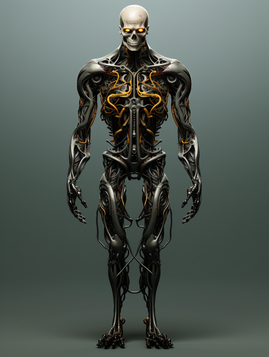 Biomechanical humanoid in eerie comic book style