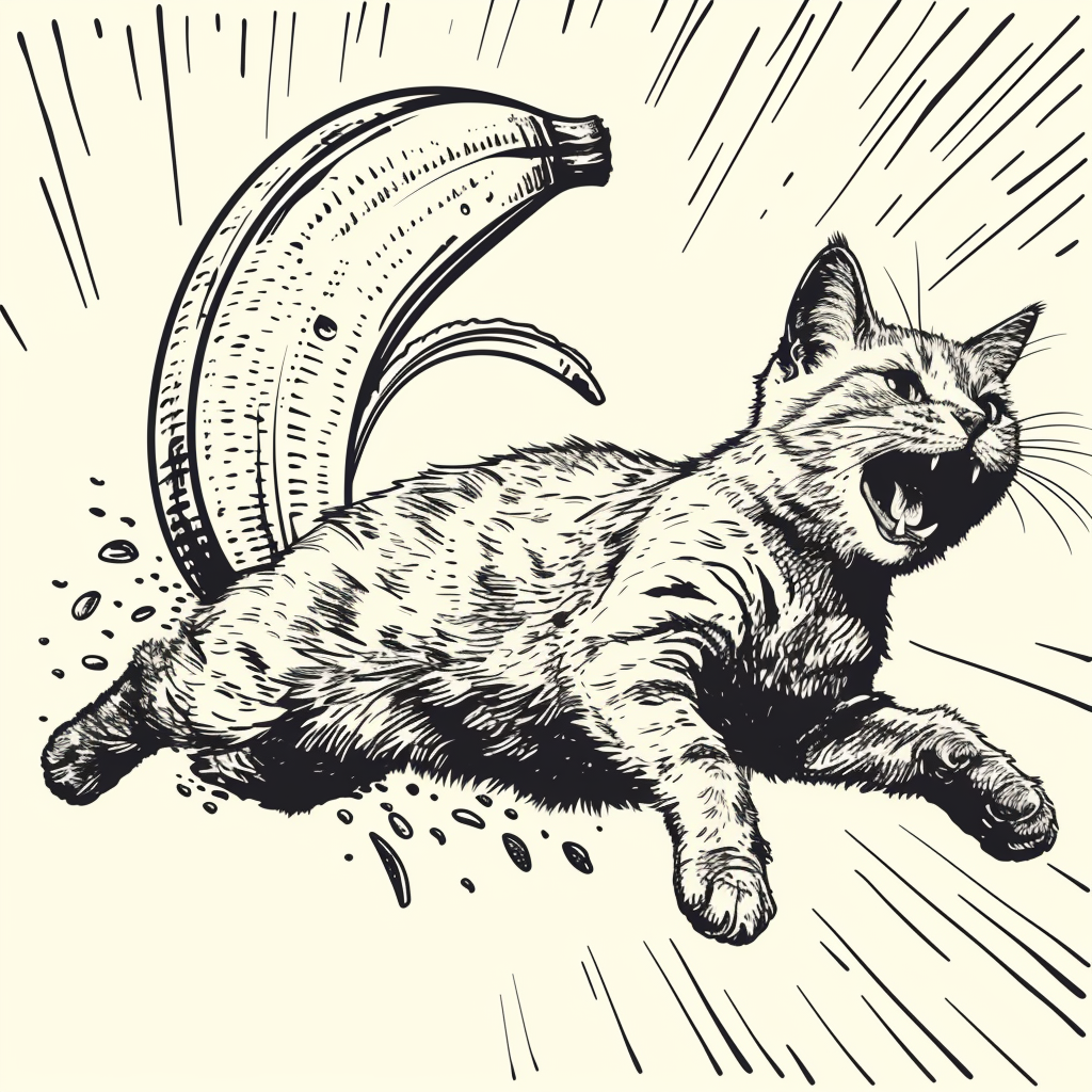 Funny cat slipping on banana peel