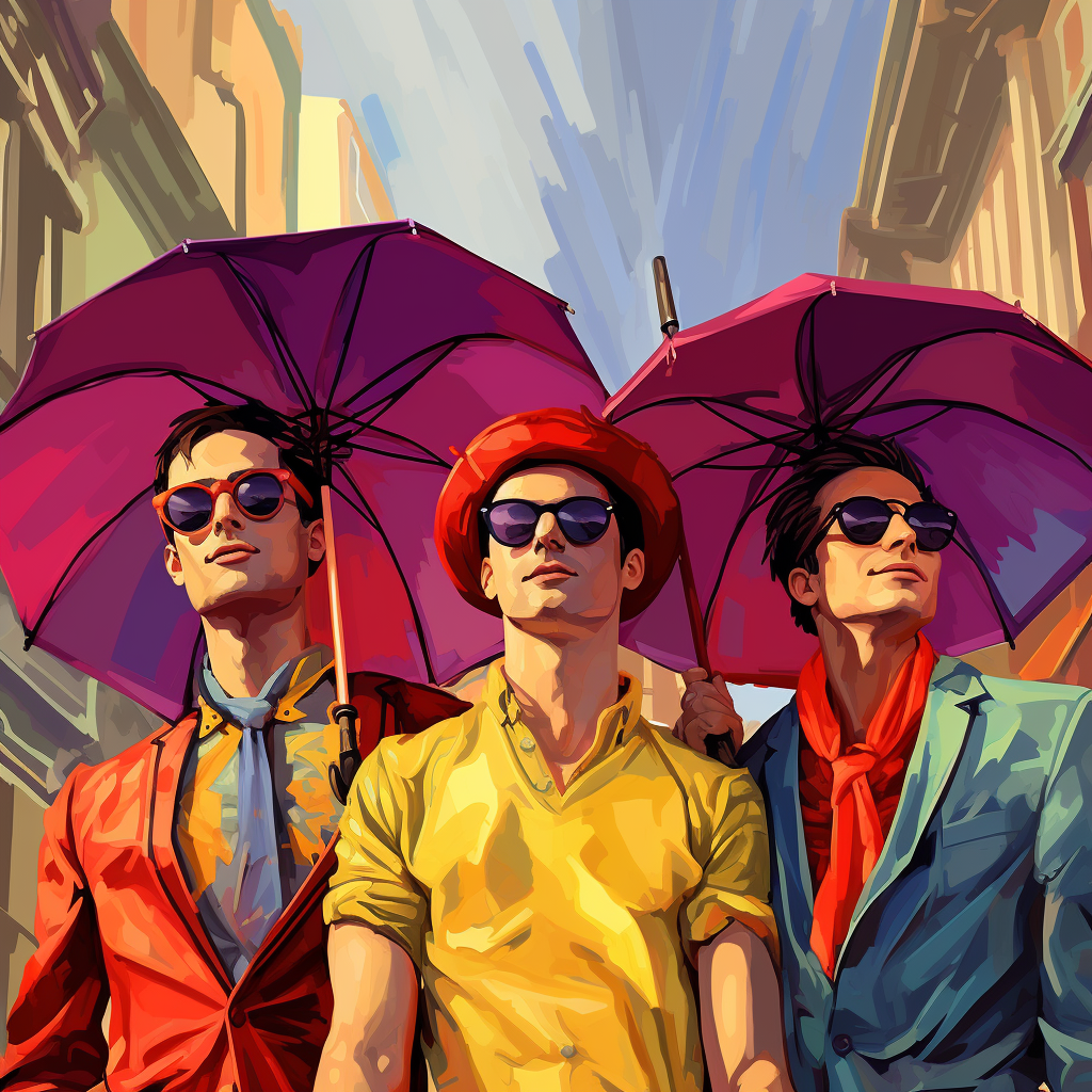 Four young guys with sunglasses and umbrellas