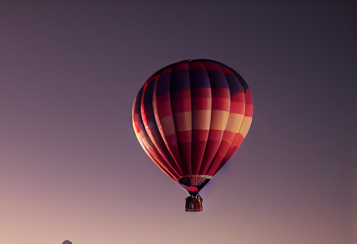 Hot air balloon flying over the Alps at sunrise