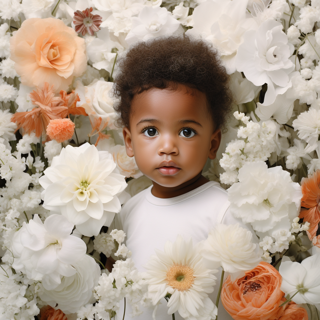 Adorable black baby surrounded by flowers