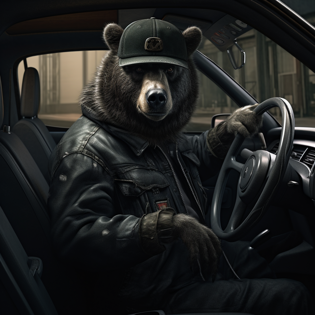 Black Bear in Baseball Cap Driving Car