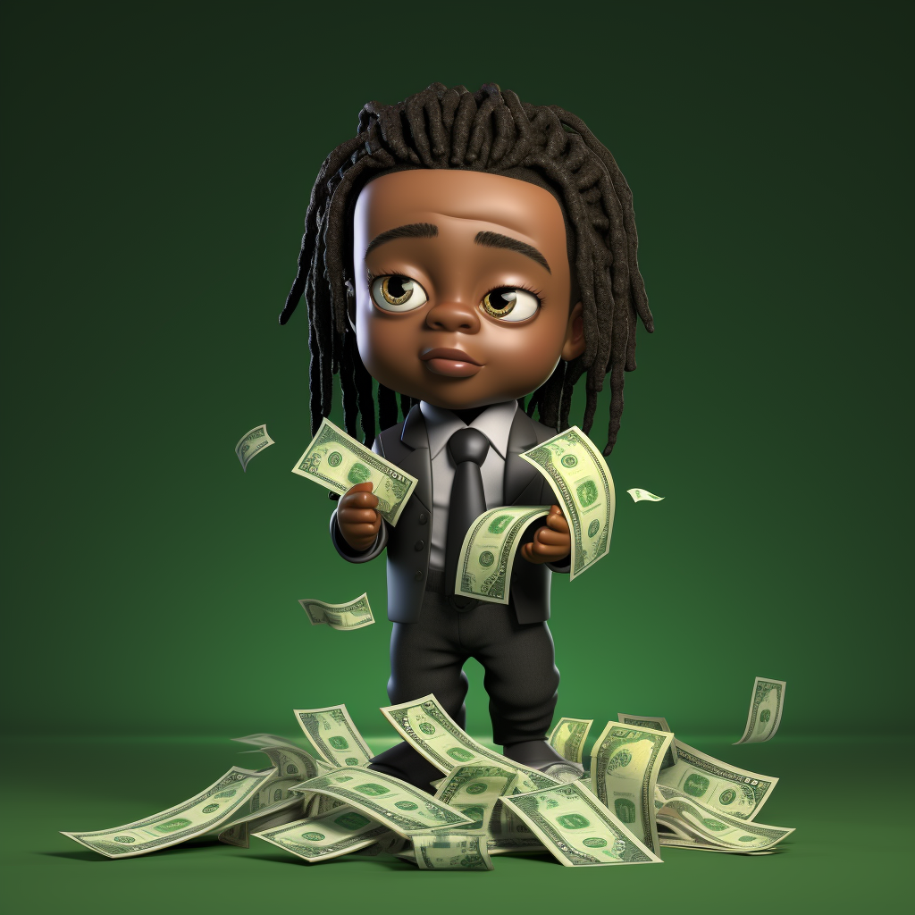 Cartoon image of black boss baby with dreads and hundred dollar bills