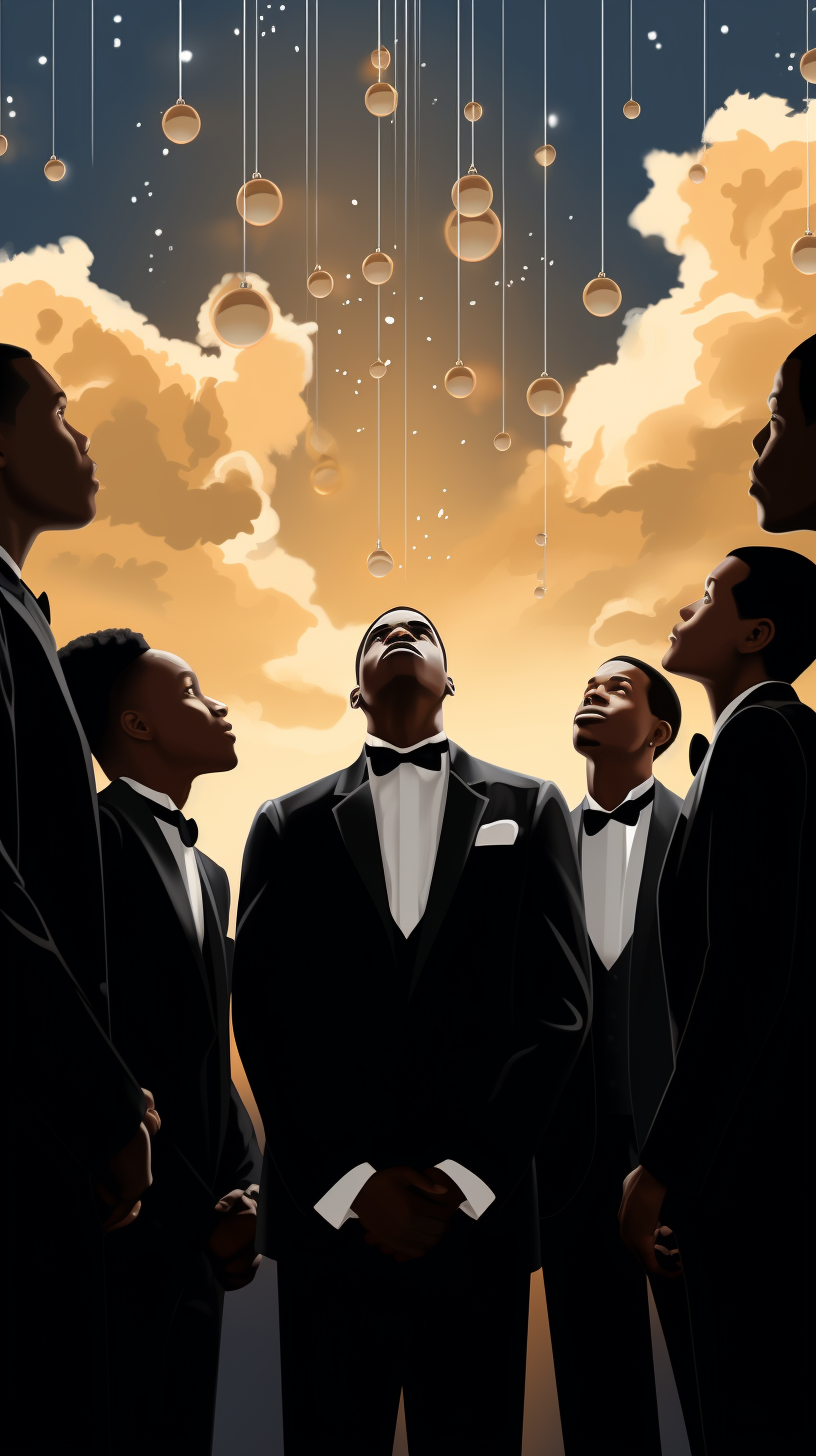 Black boy in a tuxedo looking at the sky.