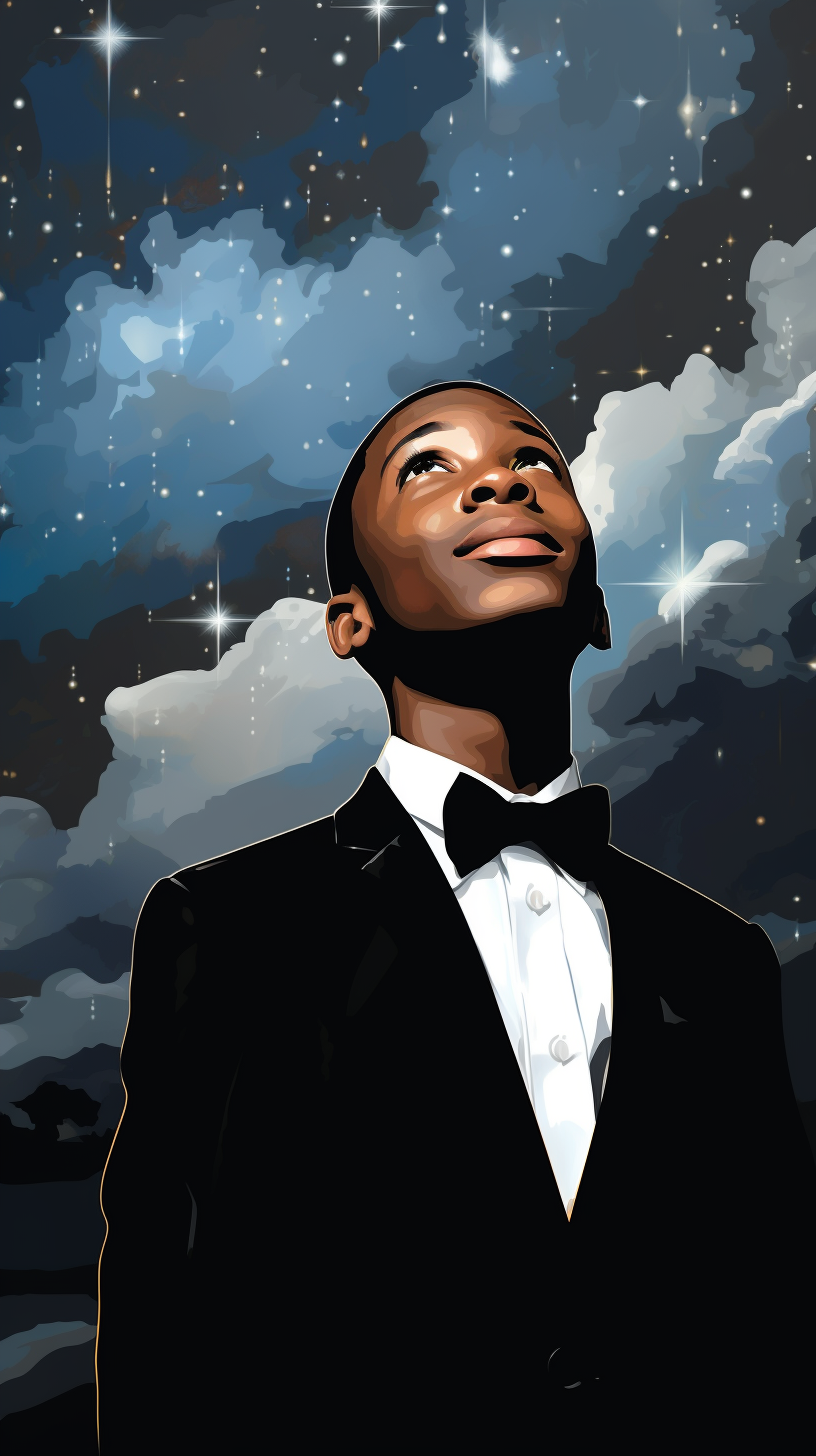 Stylish black boy in tuxedo gazing at the sky