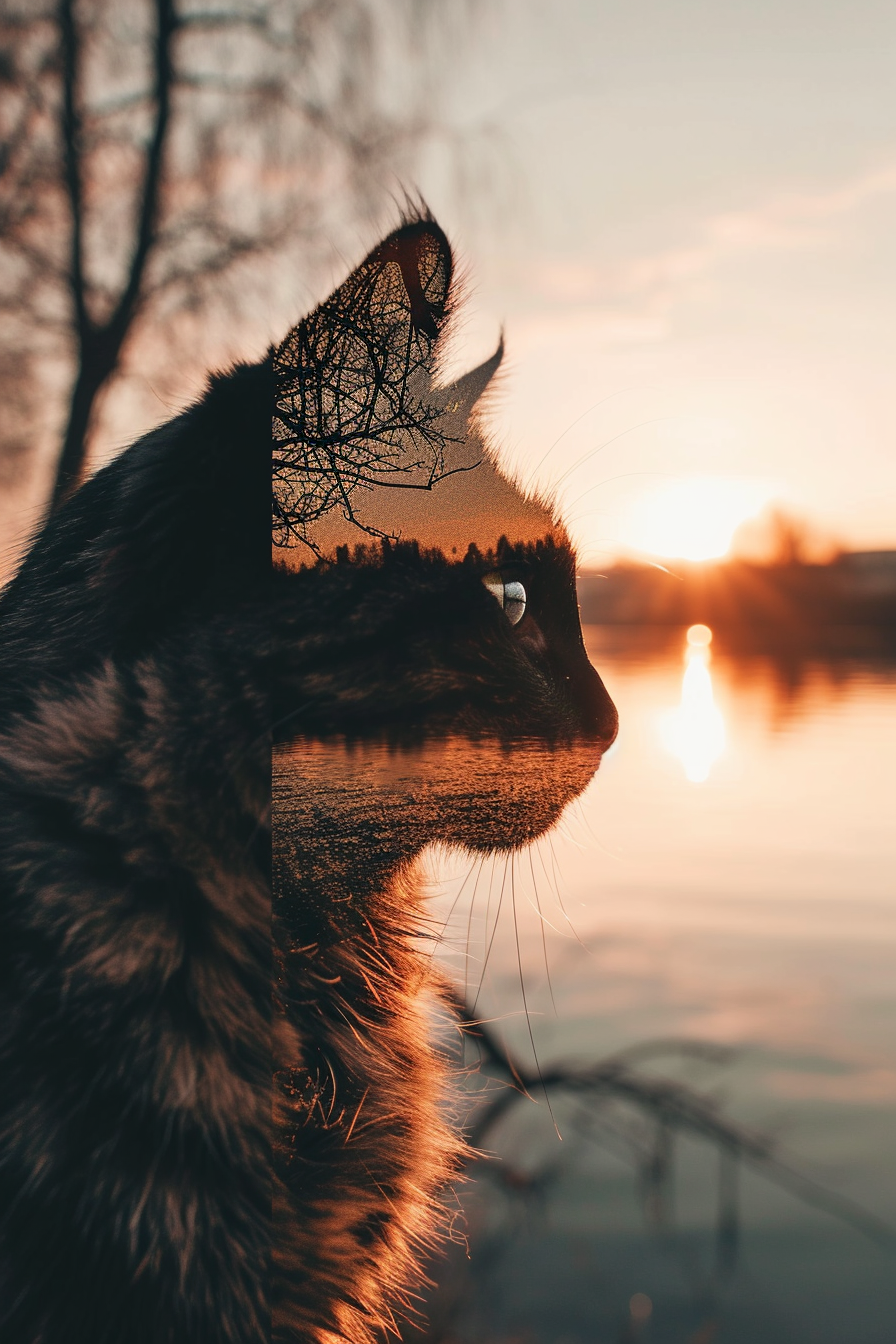 Black Cat and Sunset by the River