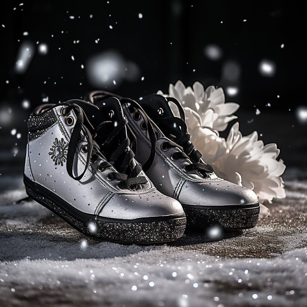 frosty snowflakes on black dance shoes