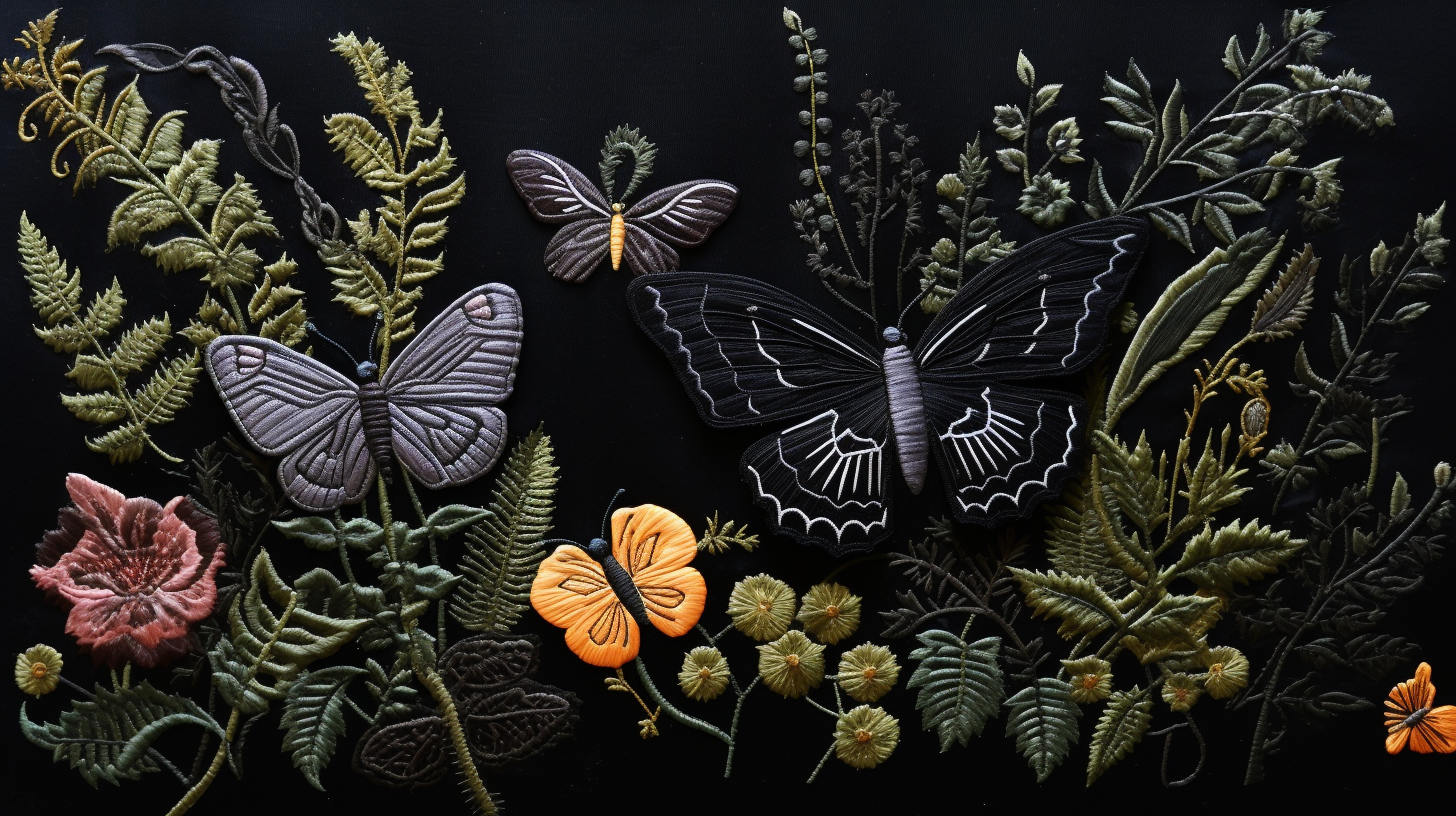 Black fabric with decaying flowers, ferns, and butterflies