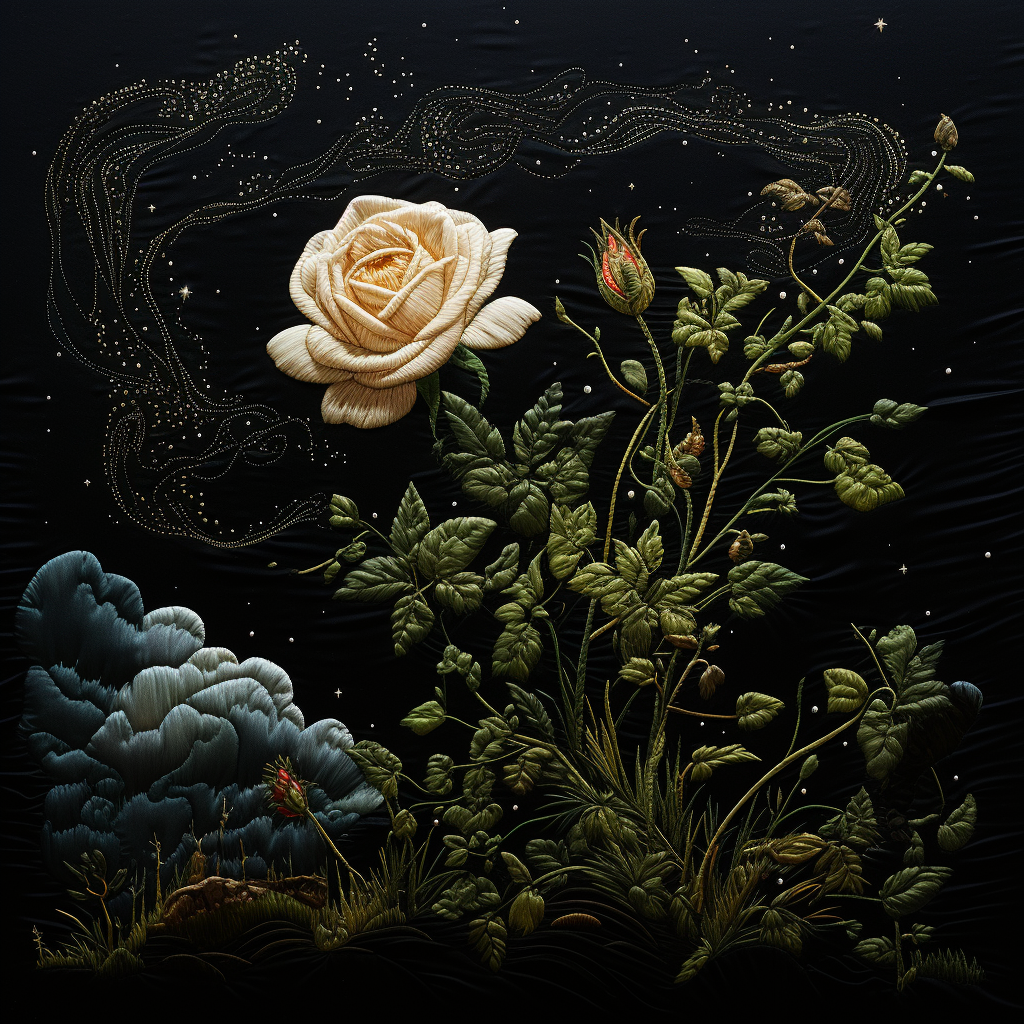 Embroidered roses on black fabric