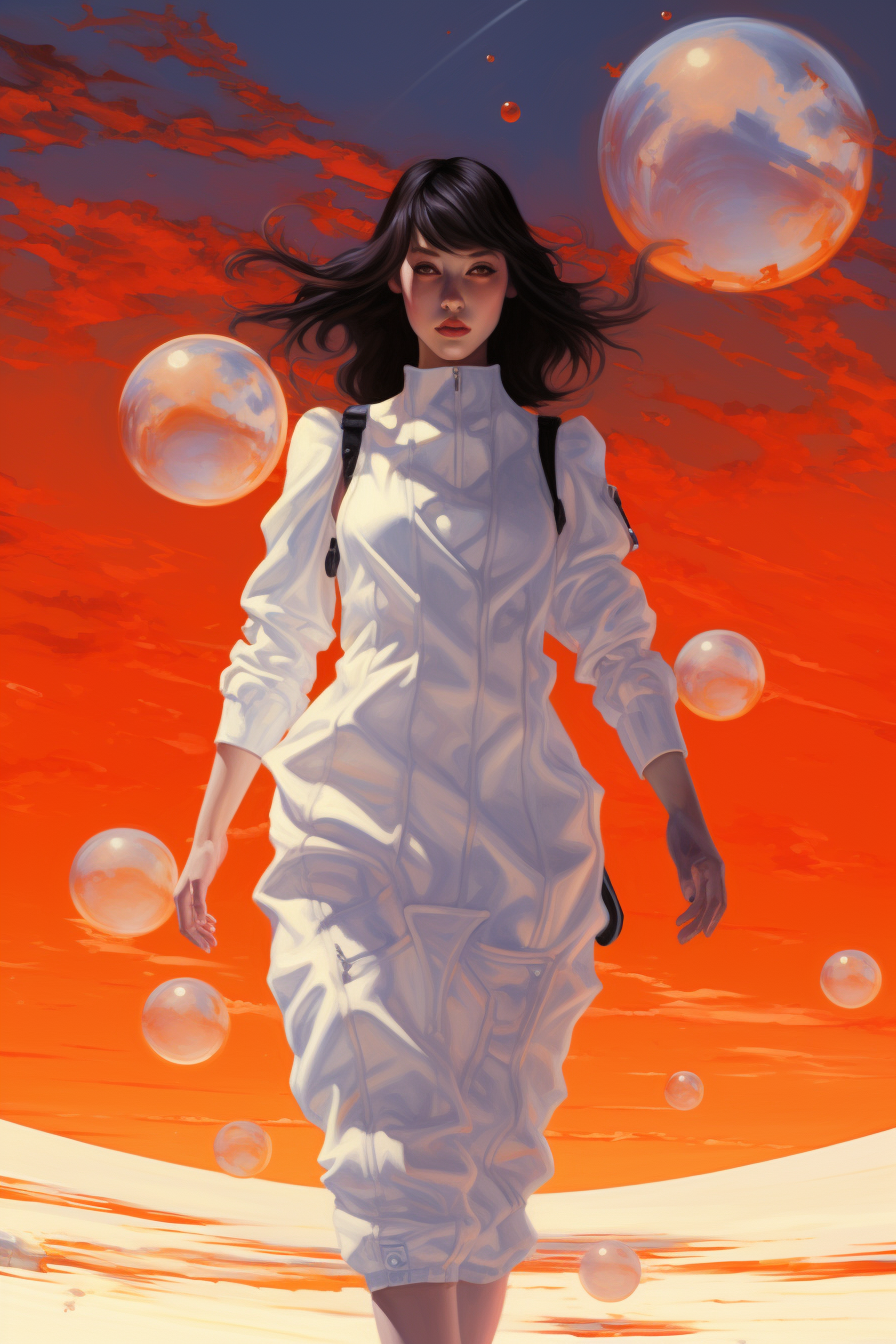 Girl with Black Hair in White Spacesuit on Glass Field