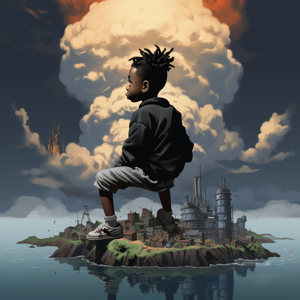 Black Kid on Floating Island with Lighthouse against Cityscape