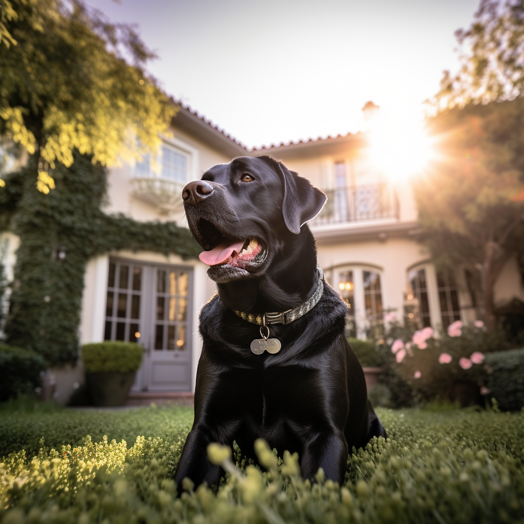 Black Labrador Sitting in Front of Beverly Hills Mansion