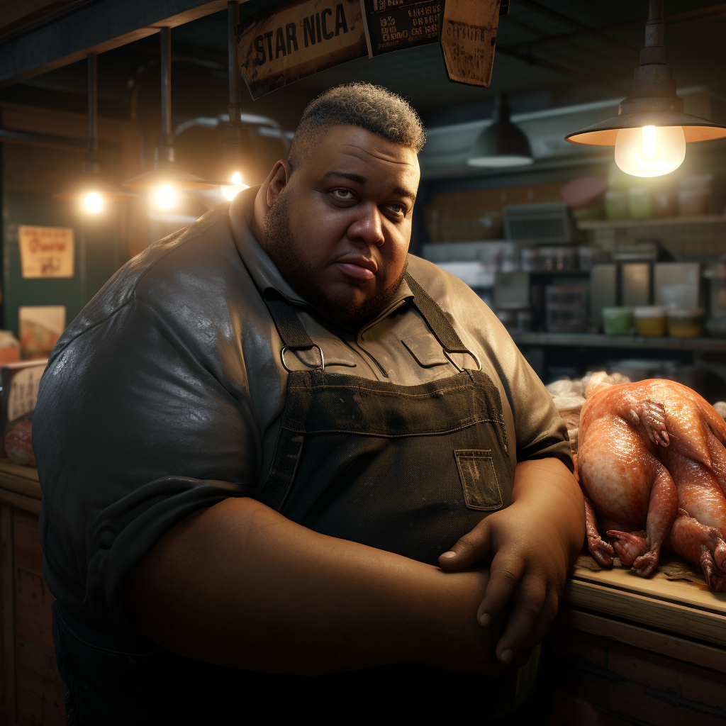 Image of a fat black man eating chicken