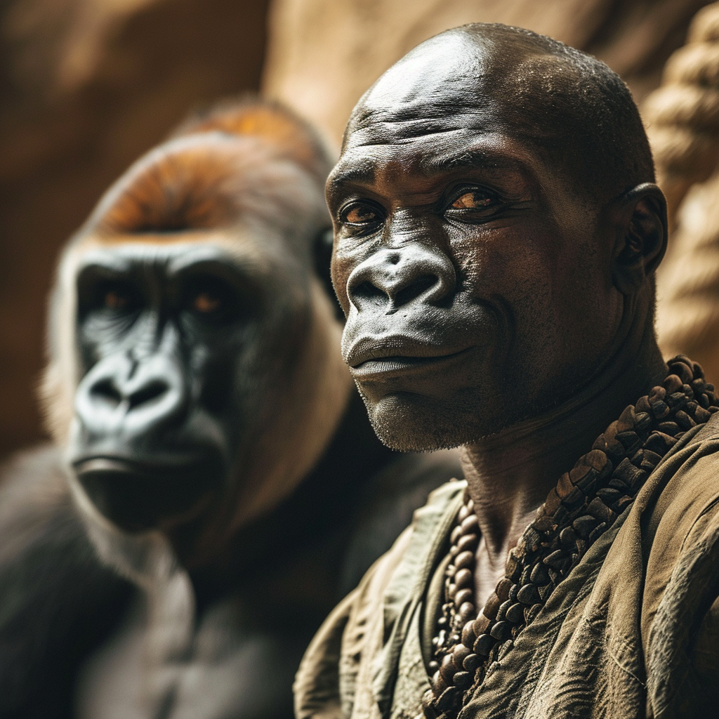 Black man standing next to gorilla at zoo