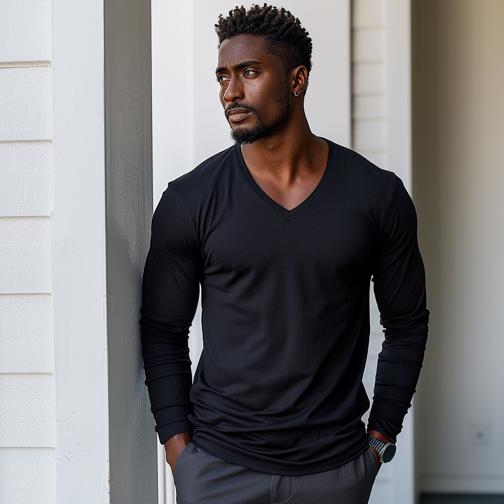 Black Men's V-Neck Cotton Shirt