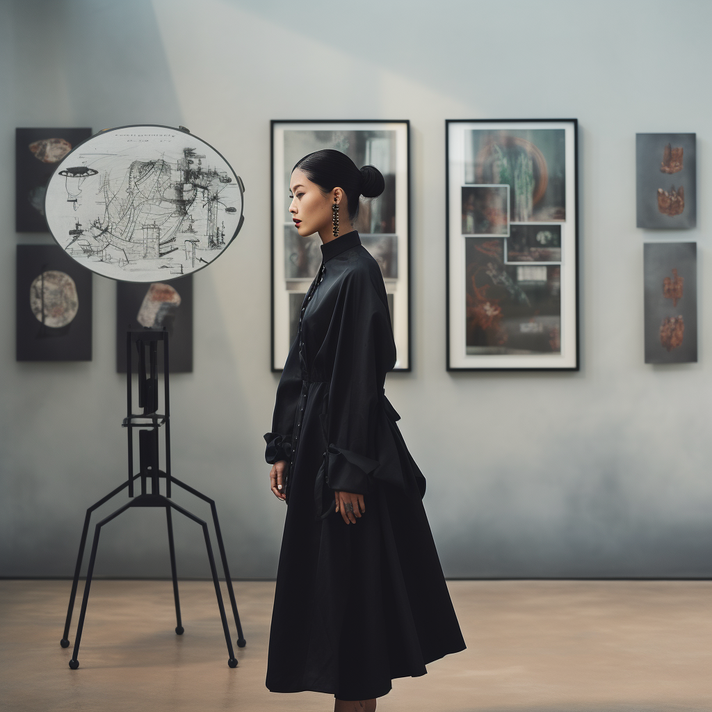 East Asian female in black midi dress looking at industry design model